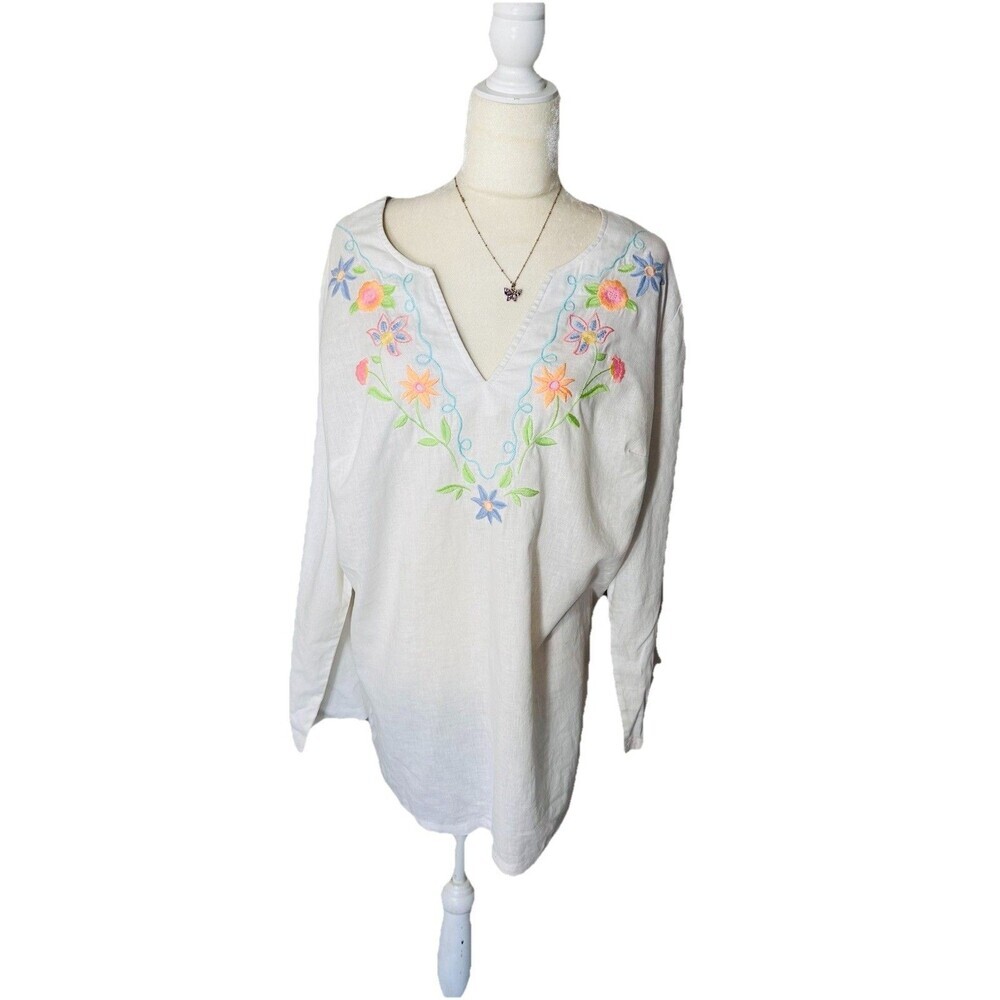 Westbound Embroidered Peasant SZ XL Linen Cotton White Sleeve Top Cottagecore
